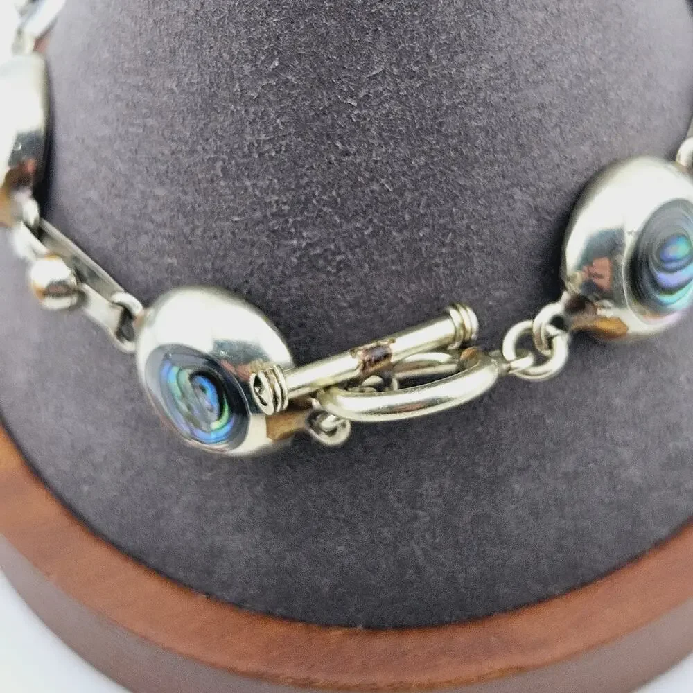 Abalone Shell Link Mexico Alpaca Silver Tone Bracelet Stackable Everyday Coastal